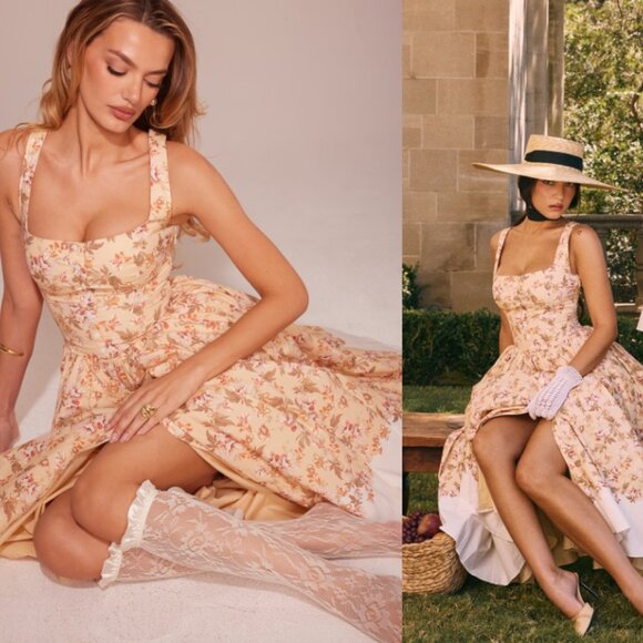 House of CB 'Alba' Honeyflower Priint Gathered Cotton Midi Dress NWOT